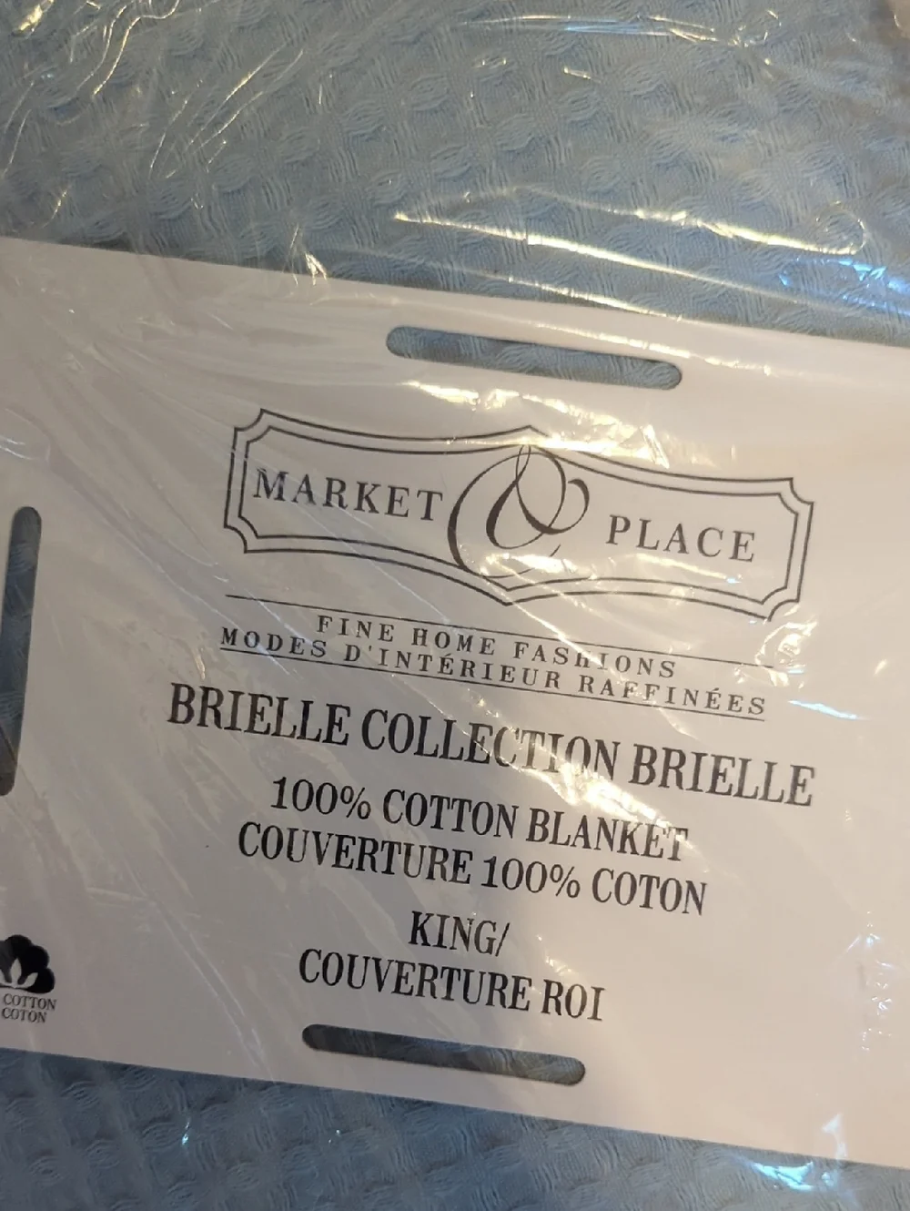 Market Place 100% Cotton Waffle Weave Blanket King Light Blue Brand New 108x90
